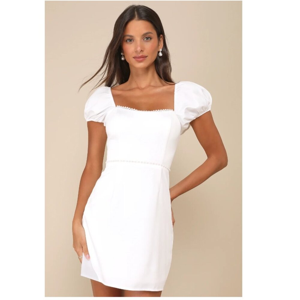 Lulus Adorable Poise White Pearl Puff Sleeve Mini Dress - Size S